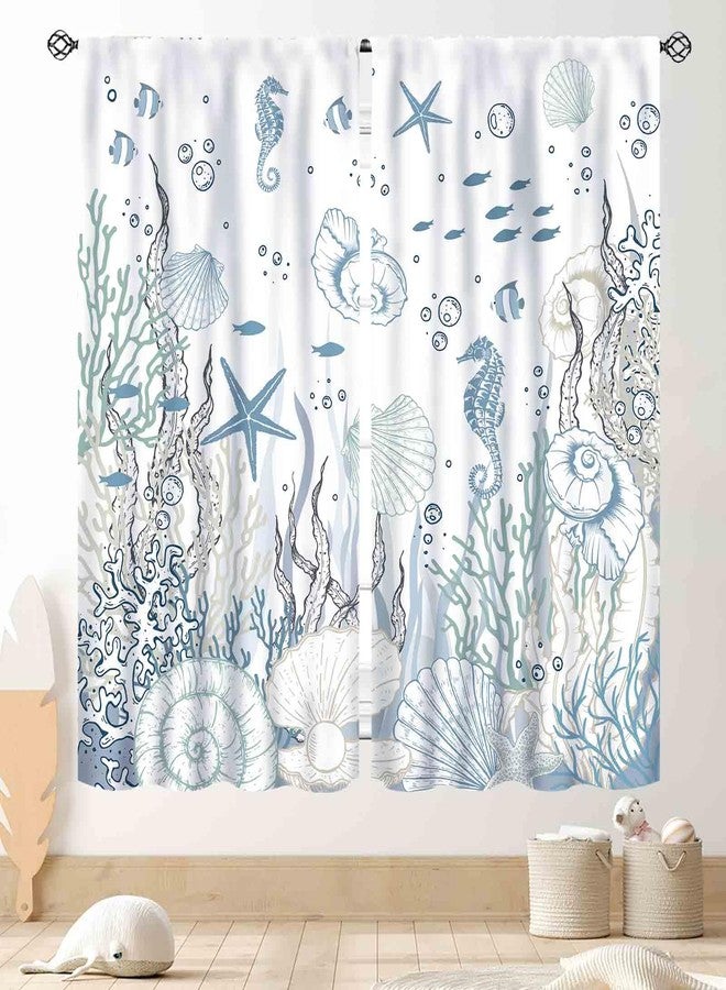 TKUYO Nautical Beach Curtains, Coastal Seahorse Sea Turtle Starfish Seashell Undersea Animal Blue Blackout Drapes for Bedroom Living Room Kids Room Bathroom Kitchen Window Treatments 2 Panel, 42"x45" Inch - Image 1